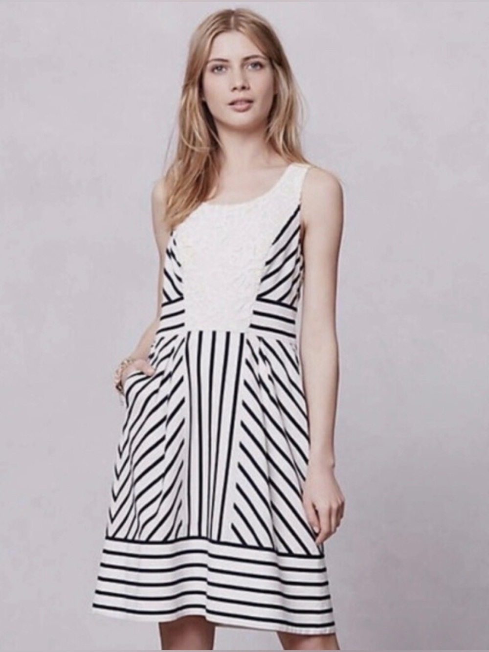 Maeve Black and White Striped Midi Dress